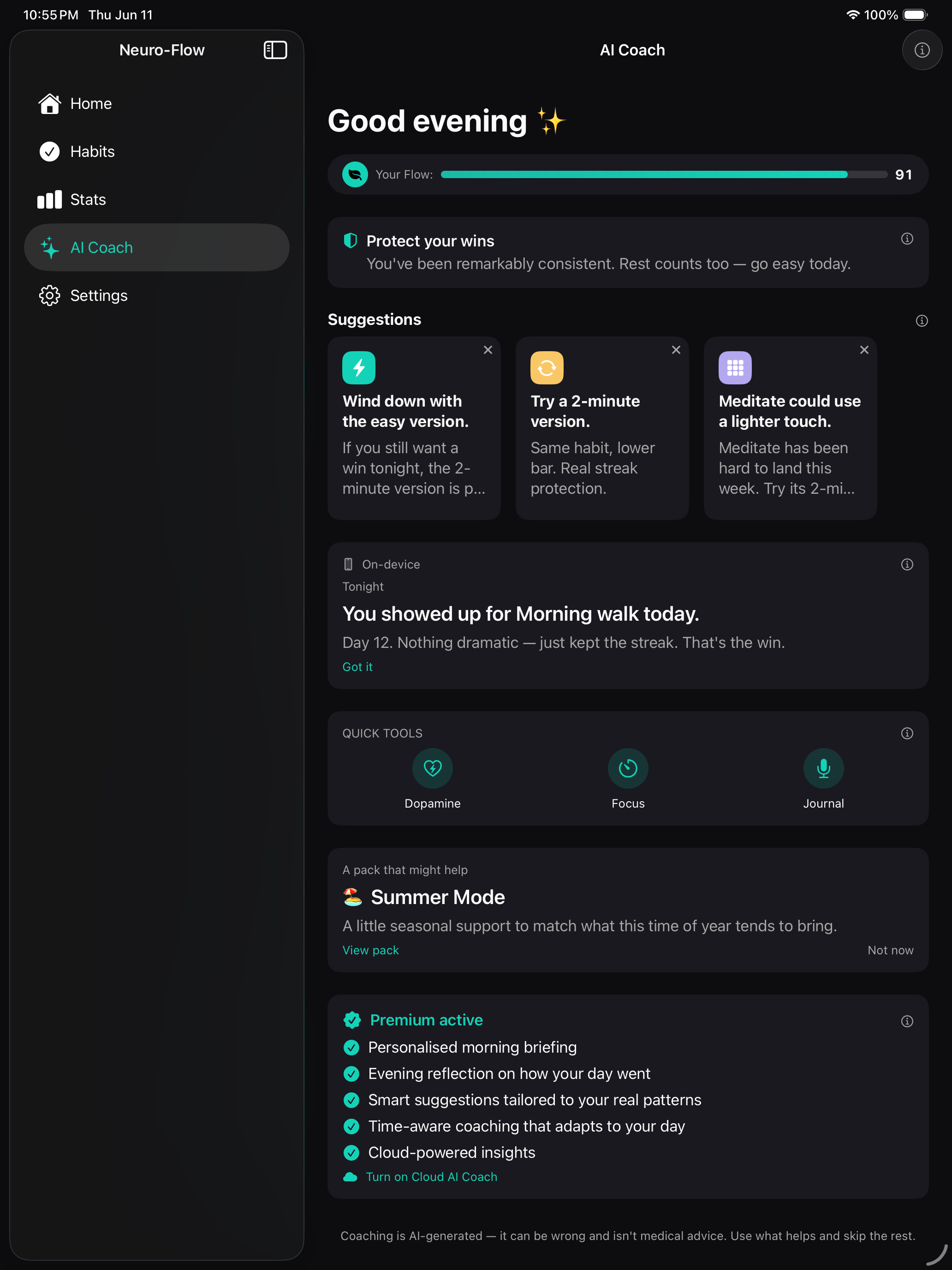 AI coach conversation with a supportive briefing